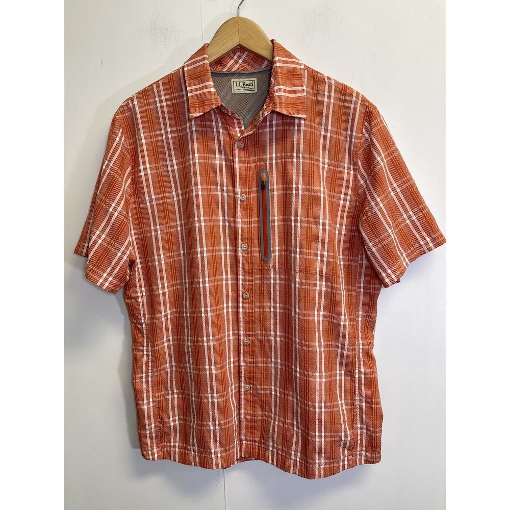 L.L. Bean Fishing Shirt Mens M Reg Orange‎ Plaid Vented S/S Button Up Hiking